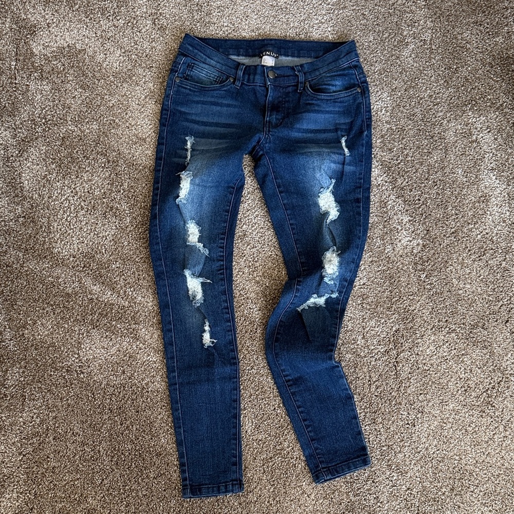 VENUS Dark Blue Distressed Skinny Jeans